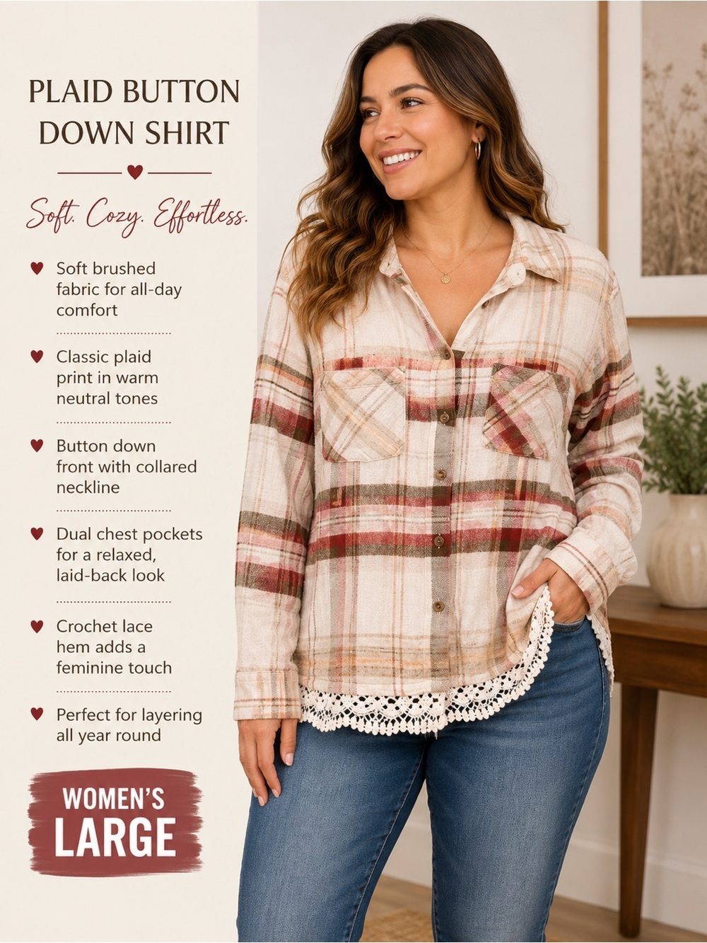 Shyanne Cream, Burgundy & Gray Plaid Button-Down with Lace Hem LARGE